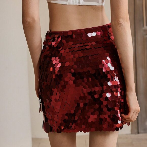 Burgundy Elegant Women's Sequin Party Mini Skirt - Picture 2 of 5